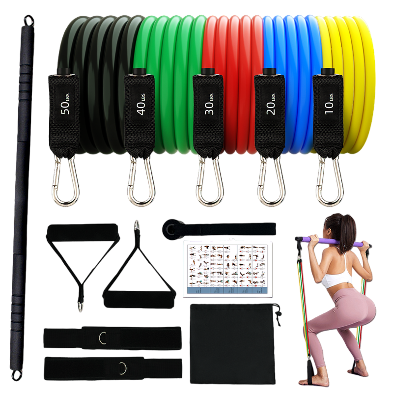 Black pilates bar kit with 5 labeled tube resistance bands (10-50LB), handles, ankle straps, door anchor, carry bag and exercise chart, demonstrated by a woman for full-body fitness.