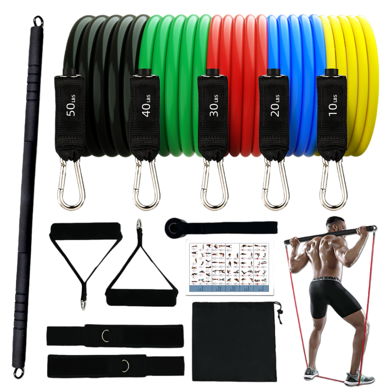 Black pilates bar kit with 5 labeled tube resistance bands (10-50LB), handles, ankle straps, door anchor, carry bag and exercise chart, demonstrated by a man for strength training.