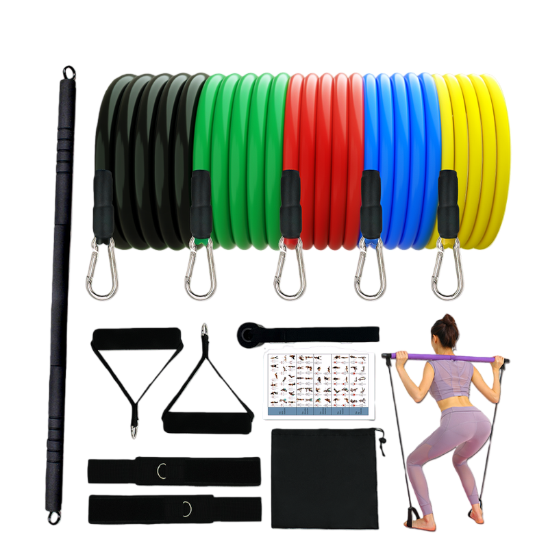 Black pilates bar kit with 5 multi-color tube resistance bands, handles, ankle straps, door anchor, carry bag and exercise chart, demonstrated by a woman for home workouts.