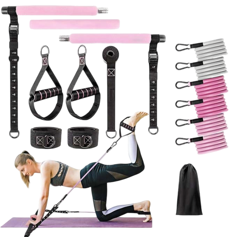 3-section detachable pink pilates bar kit with 6 pink and gray ripple resistance bands, handles, ankle straps, door anchor and carry bag, demonstrated for glute leg lift exercises