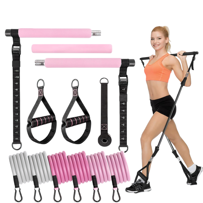 3-section detachable pink pilates bar kit with 6 pink and gray ripple resistance bands, handles, ankle straps, and door anchor, demonstrated for lunge exercises and lower body training.