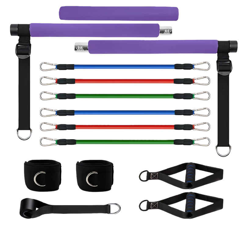 3-section detachable purple pilates bar kit with 6 multi-color tube resistance bands, handles, ankle straps, door anchor and carry bag, designed for full-body home workouts.