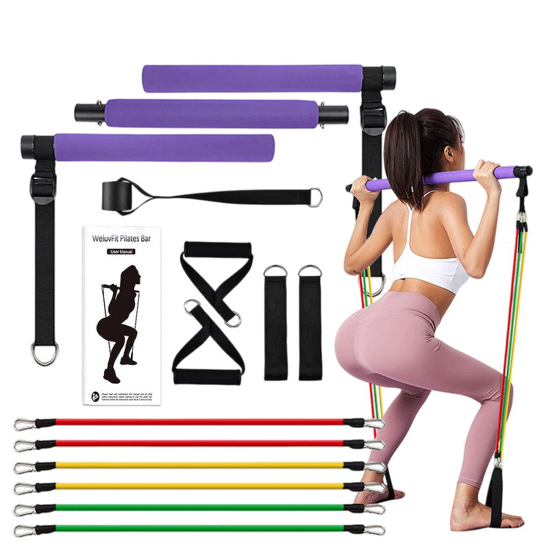 Purple 3-section pilates bar kit with 6 multi-color tube resistance bands, exercise handles, ankle straps, door anchor and instruction guide, demonstrated for squats.