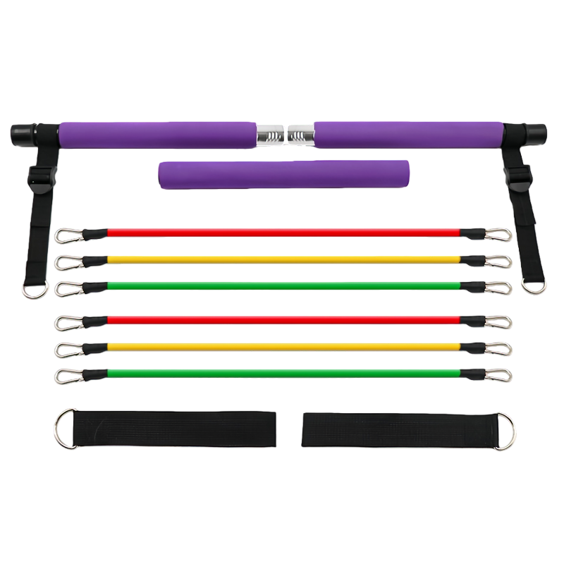 Full set of a purple 3-section pilates bar kit, including 6 color-coded resistance bands and 2 fitness ankle straps for versatile workouts.
